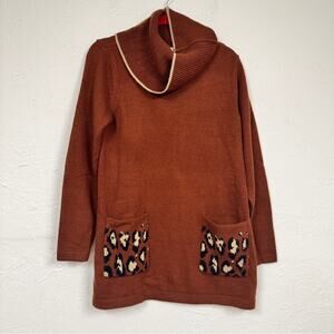 Logo Lori Goldstein Brown Animal Print Trim Cowl Neck Tunic Sweater Womens S